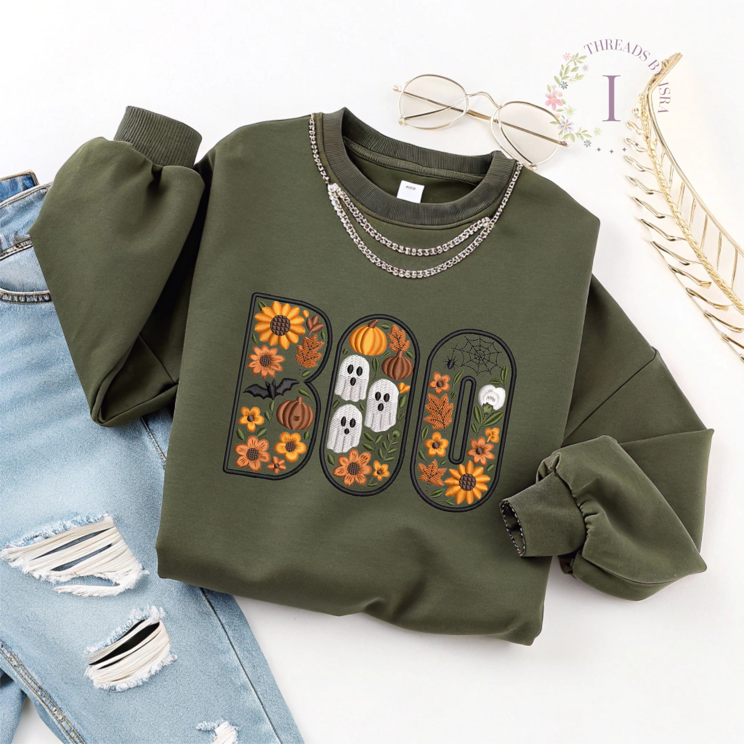 BOO Floral Halloween Embroidered – Spooky Fall Crewneck with Pumpkins, Skulls, Bats & Spider Webs