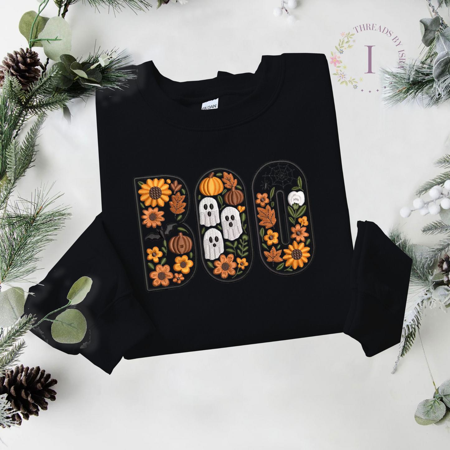 BOO Floral Halloween Embroidered – Spooky Fall Crewneck with Pumpkins, Skulls, Bats & Spider Webs