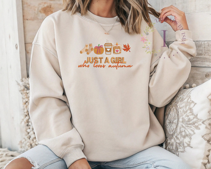 Just a Girl Who Loves Autumn Embroidered Sweatshirt - Cozy Fall Aesthetic Crewneck or Hoodie