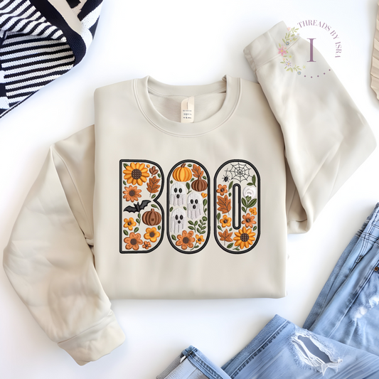 BOO Floral Halloween Embroidered – Spooky Fall Crewneck with Pumpkins, Skulls, Bats & Spider Webs