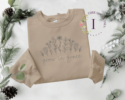 "Grow in Grace" Wildflowers Embroidered Floral Design - Unisex Sweatshirt/Hoodie