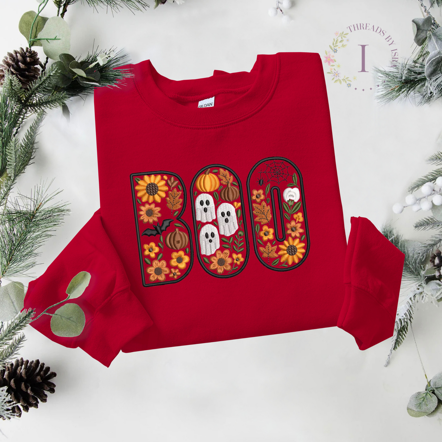 BOO Floral Halloween Embroidered – Spooky Fall Crewneck with Pumpkins, Skulls, Bats & Spider Webs