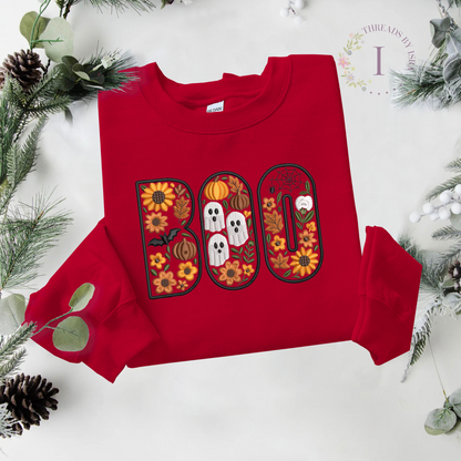 BOO Floral Halloween Embroidered – Spooky Fall Crewneck with Pumpkins, Skulls, Bats & Spider Webs