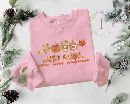 Just a Girl Who Loves Autumn Embroidered Sweatshirt - Cozy Fall Aesthetic Crewneck or Hoodie