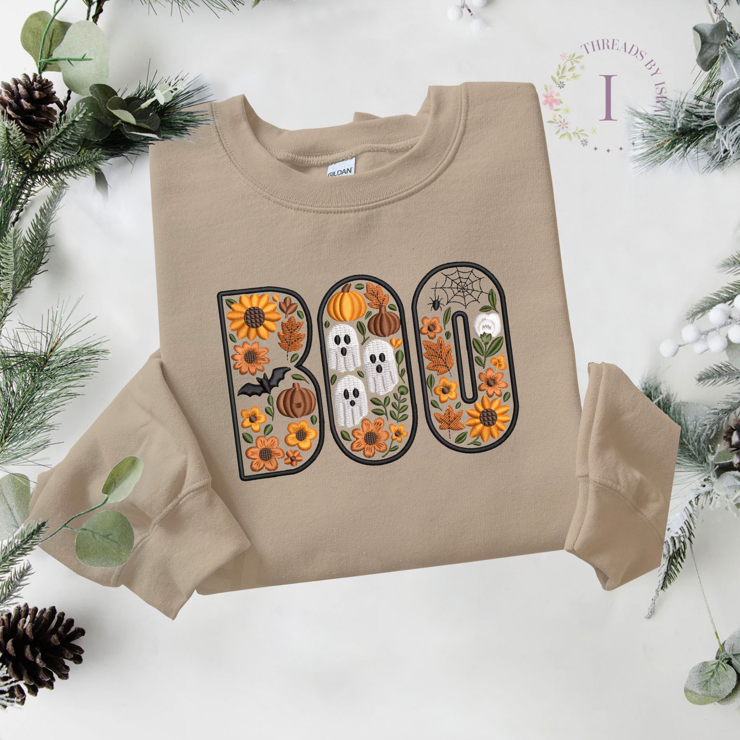 BOO Floral Halloween Embroidered – Spooky Fall Crewneck with Pumpkins, Skulls, Bats & Spider Webs