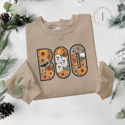 BOO Floral Halloween Embroidered – Spooky Fall Crewneck with Pumpkins, Skulls, Bats & Spider Webs