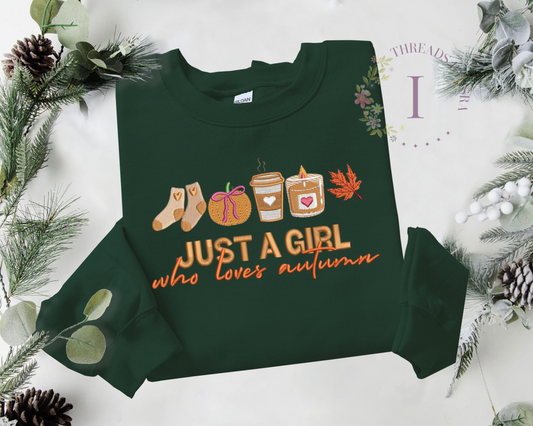 Just a Girl Who Loves Autumn Embroidered Sweatshirt - Cozy Fall Aesthetic Crewneck or Hoodie