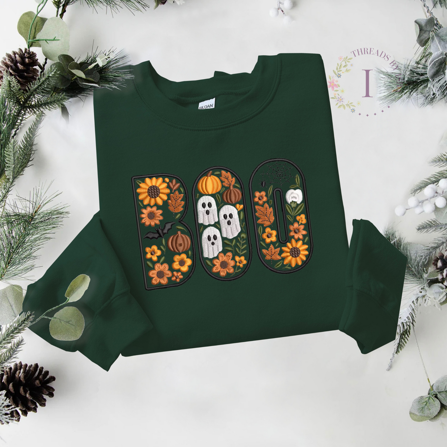 BOO Floral Halloween Embroidered – Spooky Fall Crewneck with Pumpkins, Skulls, Bats & Spider Webs