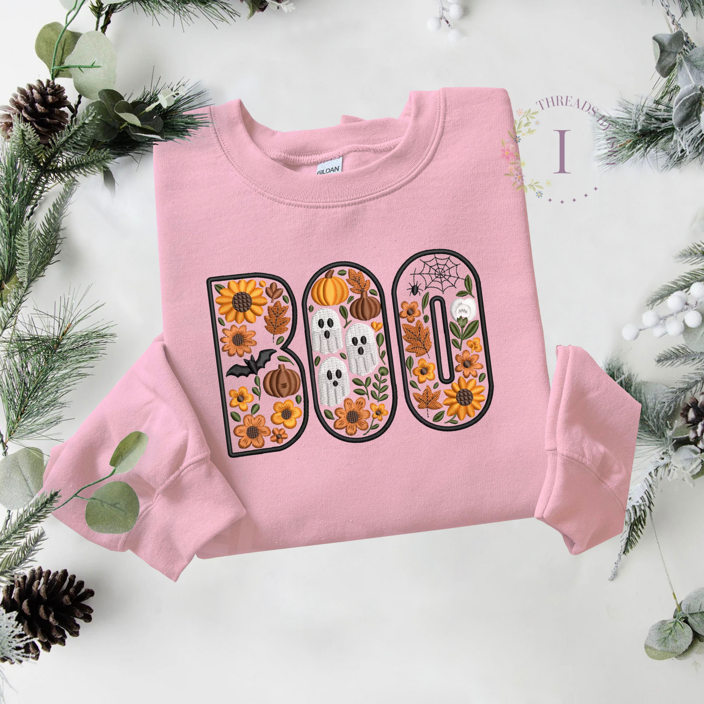 BOO Floral Halloween Embroidered – Spooky Fall Crewneck with Pumpkins, Skulls, Bats & Spider Webs