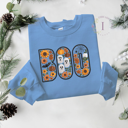 BOO Floral Halloween Embroidered – Spooky Fall Crewneck with Pumpkins, Skulls, Bats & Spider Webs