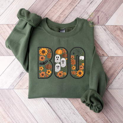 BOO Floral Halloween Embroidered – Spooky Fall Crewneck with Pumpkins, Skulls, Bats & Spider Webs