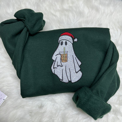 Christmas Ghost Iced Coffee Embroidered Sweatshirt/Hoodie