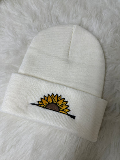 Handcrafted Sunflower & Arrow Embroidered Knit Beanie - Unisex One Size