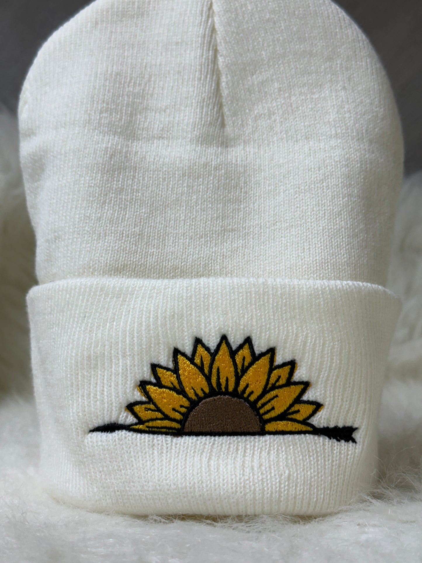 Handcrafted Sunflower & Arrow Embroidered Knit Beanie - Unisex One Size