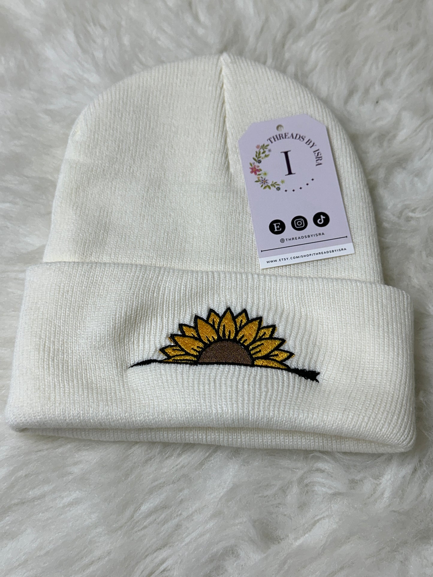 Handcrafted Sunflower & Arrow Embroidered Knit Beanie - Unisex One Size