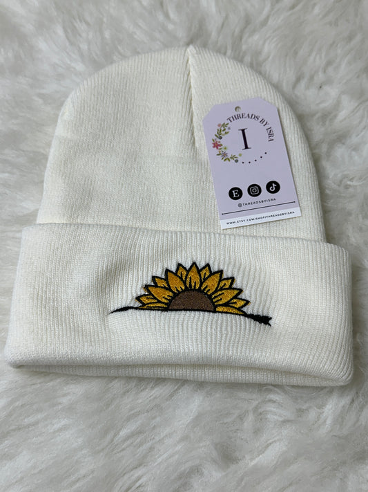 Handcrafted Sunflower & Arrow Embroidered Knit Beanie - Unisex One Size