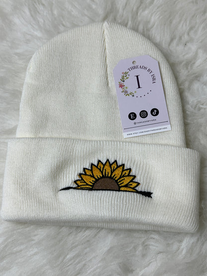 Handcrafted Sunflower & Arrow Embroidered Knit Beanie - Unisex One Size