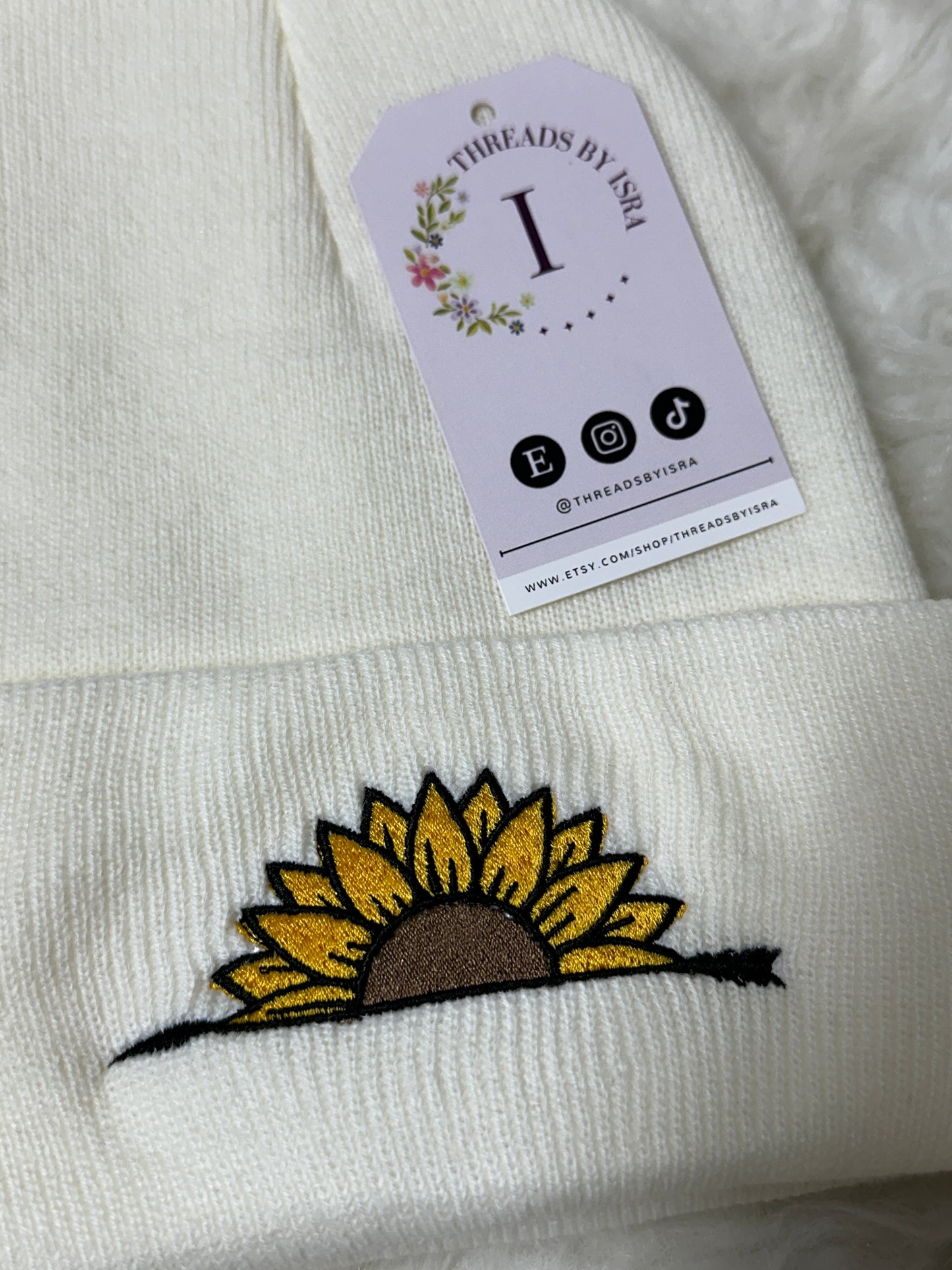 Handcrafted Sunflower & Arrow Embroidered Knit Beanie - Unisex One Size