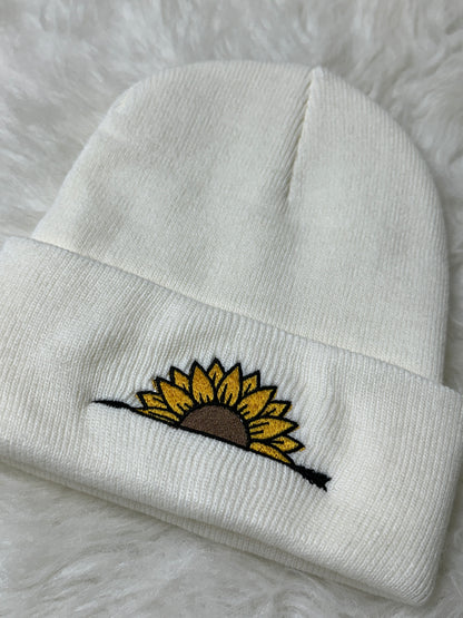 Handcrafted Sunflower & Arrow Embroidered Knit Beanie - Unisex One Size