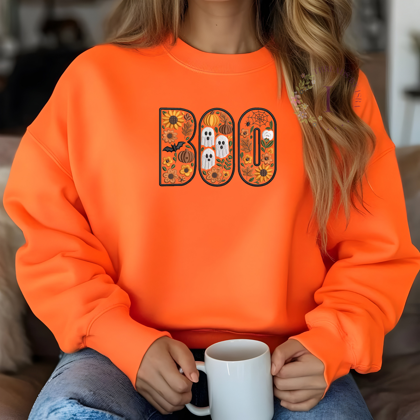 BOO Floral Halloween Embroidered – Spooky Fall Crewneck with Pumpkins, Skulls, Bats & Spider Webs